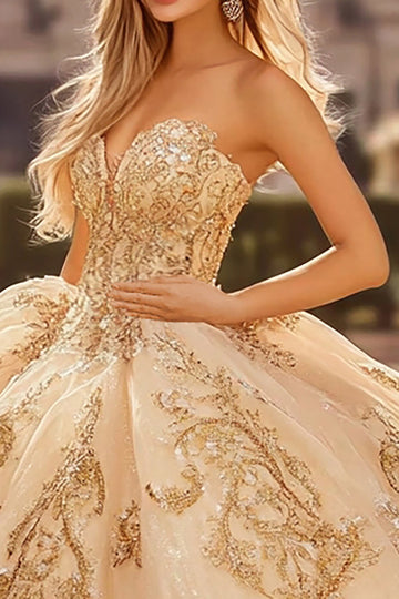 Robe bustier champagne en tulle appliqué Quinceanera